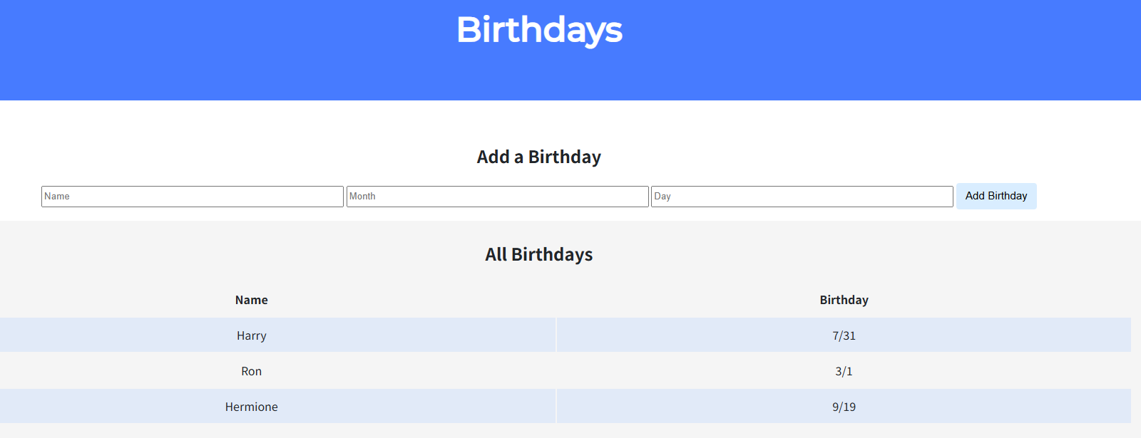 Birthdays 初始页面